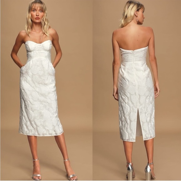NWT Lulu's From this Day White Floral Jacquard Strapless Midi Dress Size Small